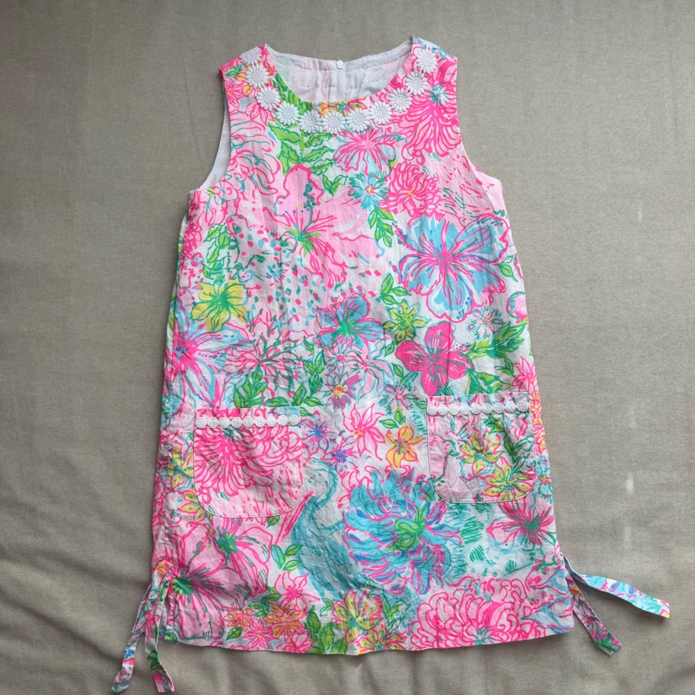 Lilly Pulitzer Girls Size 8 Floral Shift Dress Pink Blue Daisy Lace Trim